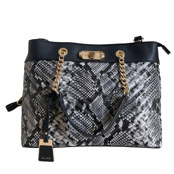 Aldo Snake Print Vegan Leather Satchel Tote Chain Handles Crossbody Strap Animal - Picture 3 of 12